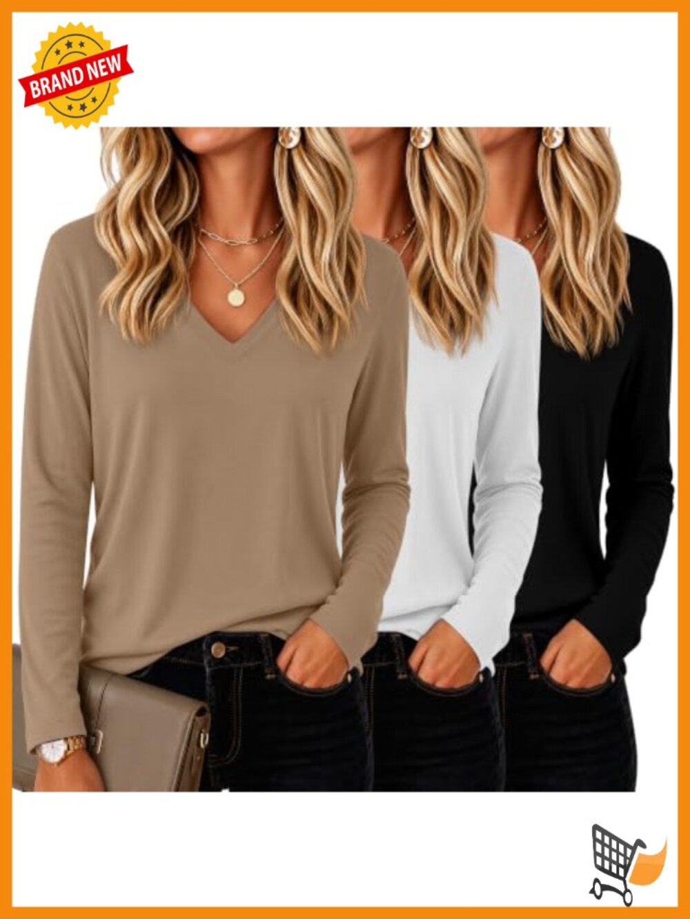 Women's V Neck Long Sleeve Loose Fit T-Shirts 3 Pack Casual Tops